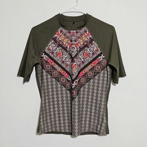 Prana Womens Janae Sun Top Sz S Green Pink‎ Geometric Nylon Stretch Rash Guard